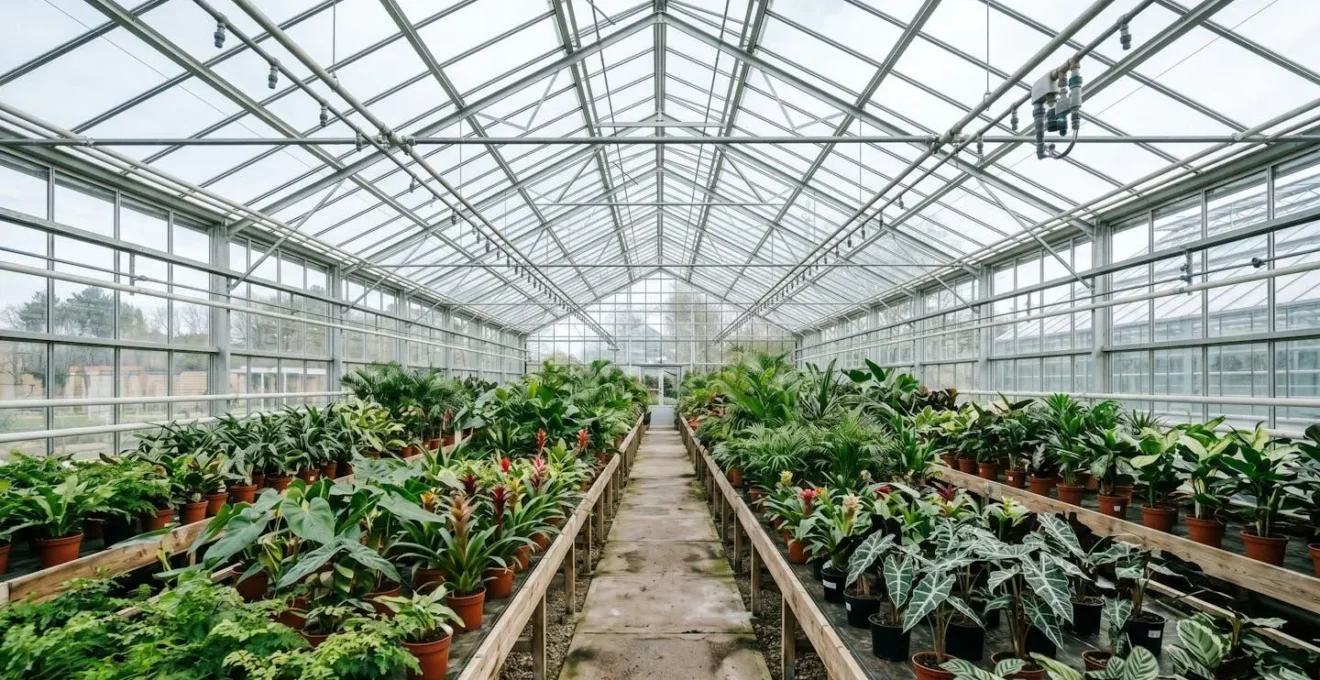 Vue large d'une serre professionnelle européenne avec rangées de plantes tropicales en culture.