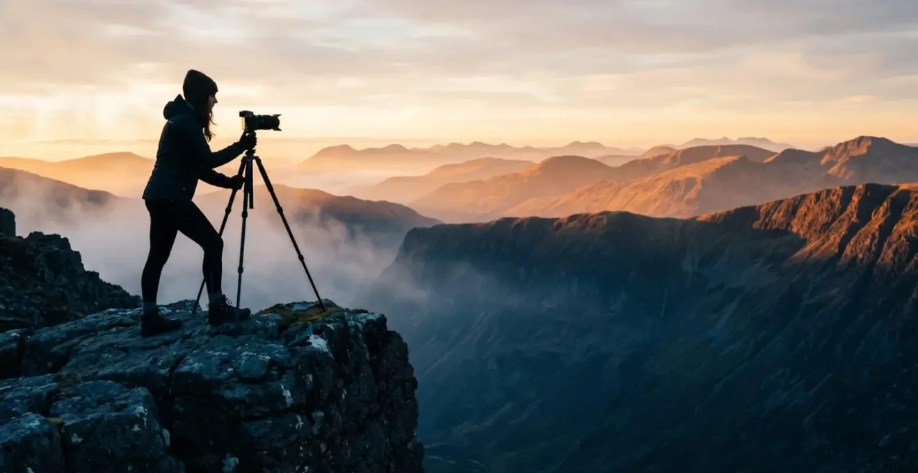 Photographe au lever du soleil capturant le cirque de Mafate depuis le Maïdo