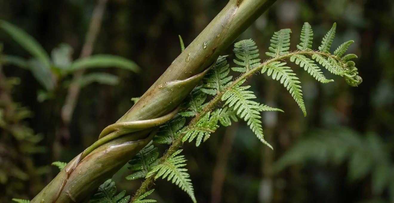Gros plan macro sur feuilles de longose envahissant et étouffant une fougère endémique dans la forêt tropicale