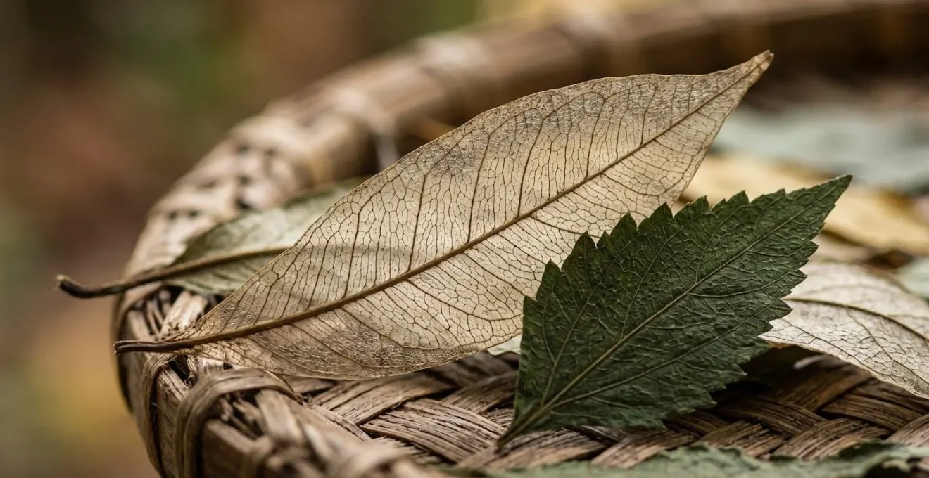 Feuilles de Faham et d'Ayapana séchées disposées dans des paniers tressés traditionnels sur un marché créole