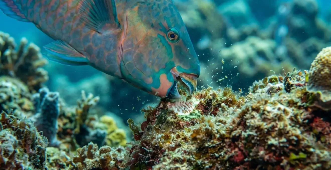 Gros plan sur un poisson perroquet broutant les algues sur un récif corallien