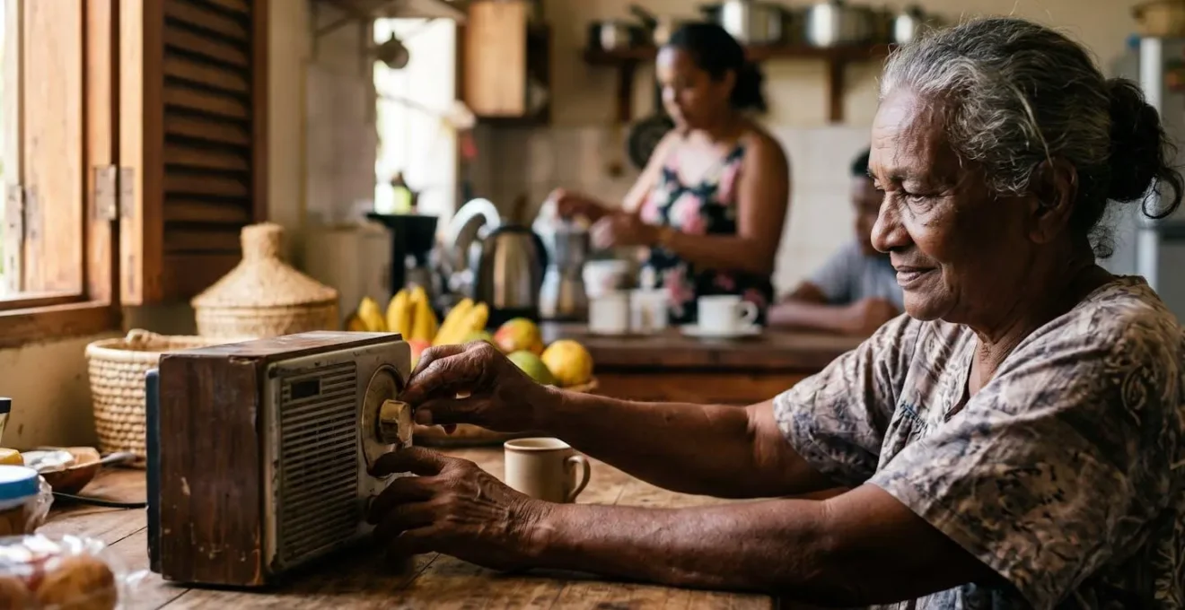 Scène de vie quotidienne montrant l'importance de Radio Freedom dans la vie sociale réunionnaise