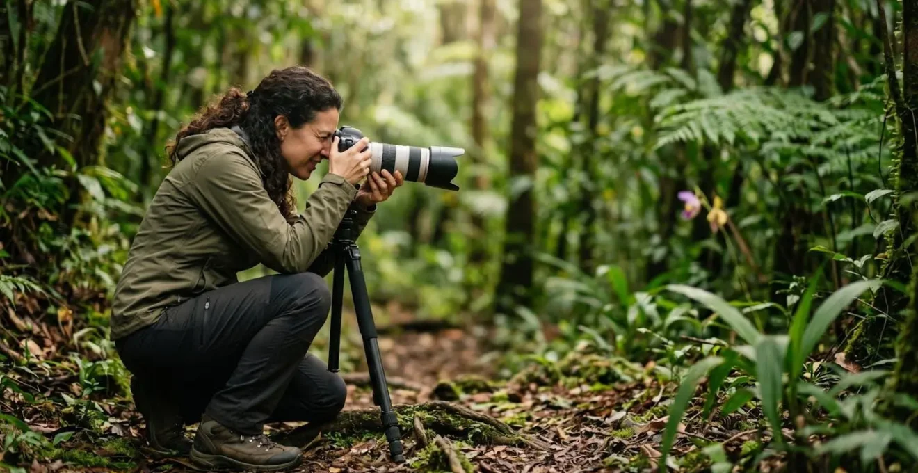 Personne photographiant une orchidée sauvage avec un téléobjectif depuis le sentier
