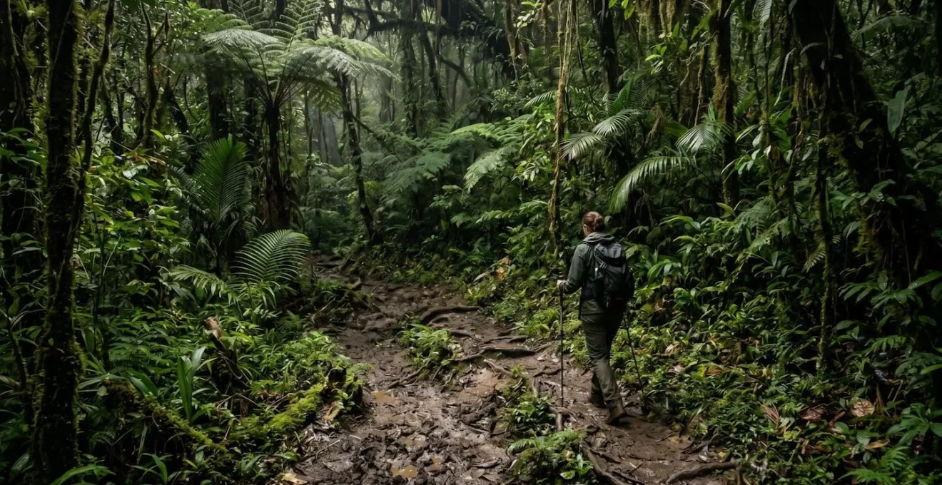 Randonneur traversant un sentier tropical boueux avec végétation luxuriante