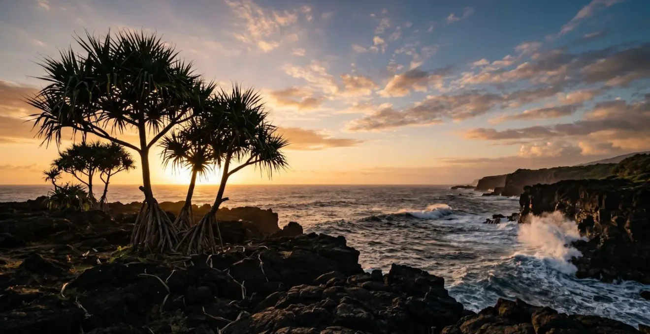 Vue large du littoral rocheux du Sud Sauvage avec des vacoas poussant près de l'océan