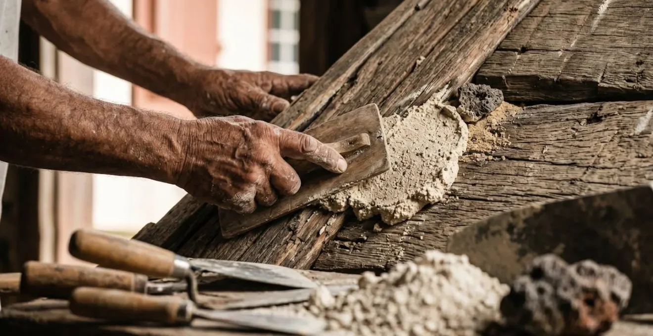 Artisan réunionnais travaillant sur la restauration d'une case créole traditionnelle avec matériaux authentiques