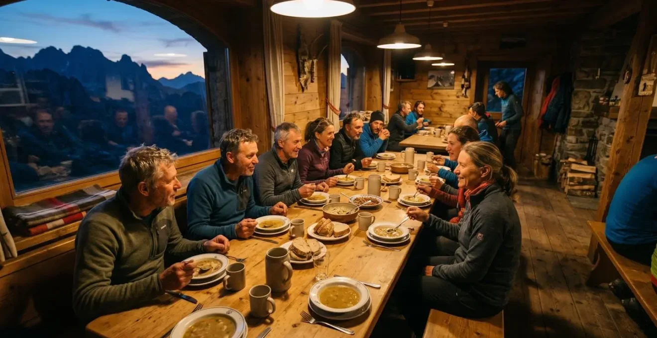 Grande tablée de randonneurs partageant le dîner dans la salle commune chaleureuse d'un refuge de montagne