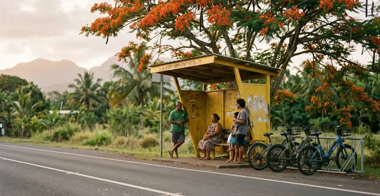 Arrêt de bus Car Jaune coloré avec voyageurs locaux attendant sous un flamboyant en fleurs, vélos électriques garés à proximité