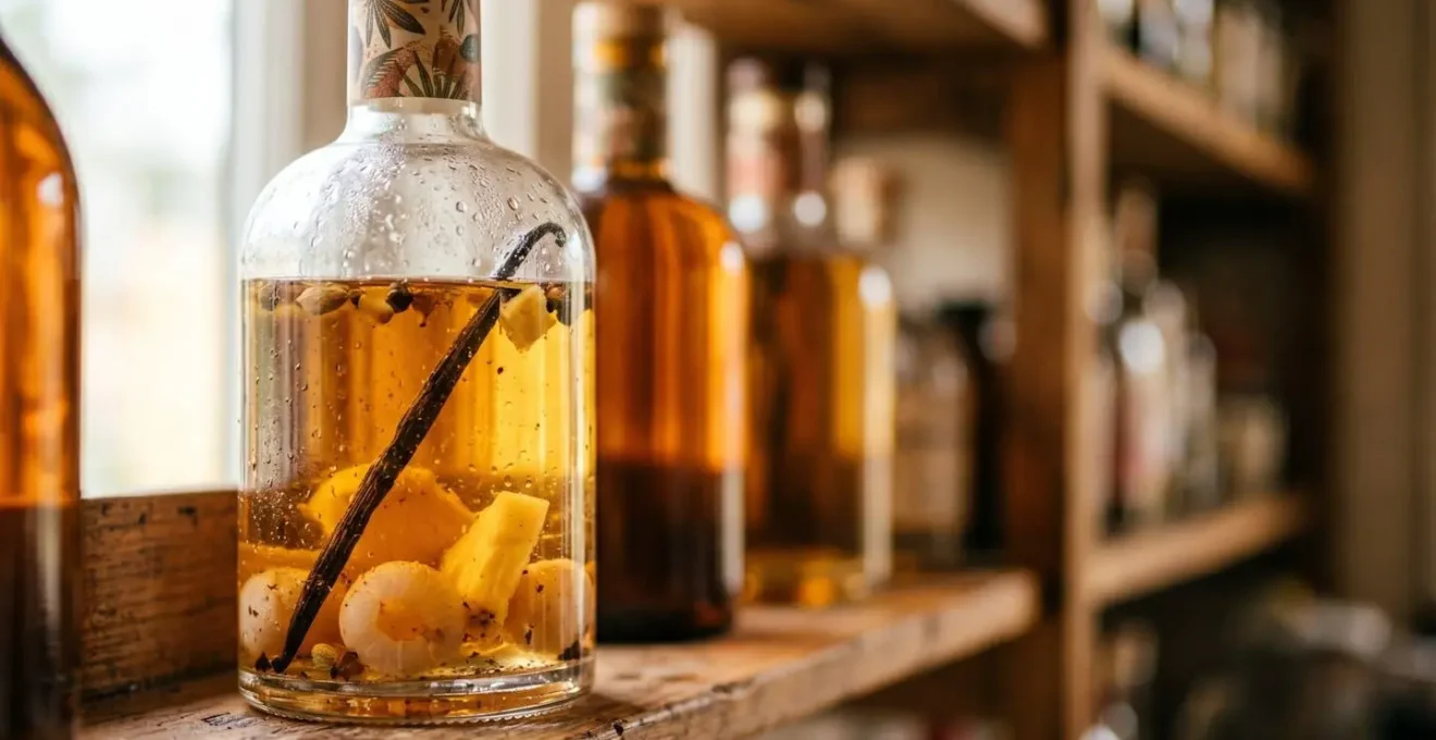 Gros plan sur des bouteilles de rhum arrangé artisanal aux fruits tropicaux dans une cuisine créole