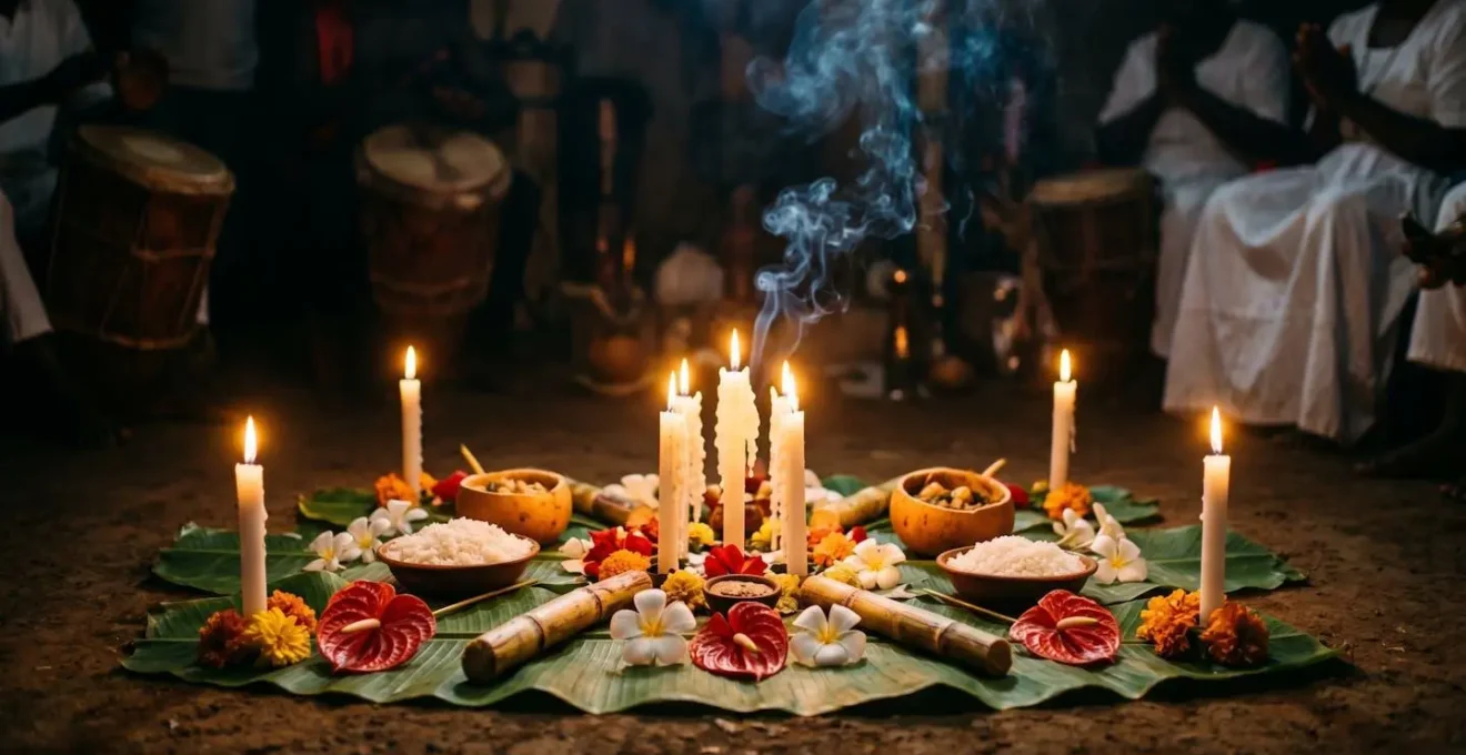 Cérémonie traditionnelle de servis kabaré avec offrandes et instruments rituels
