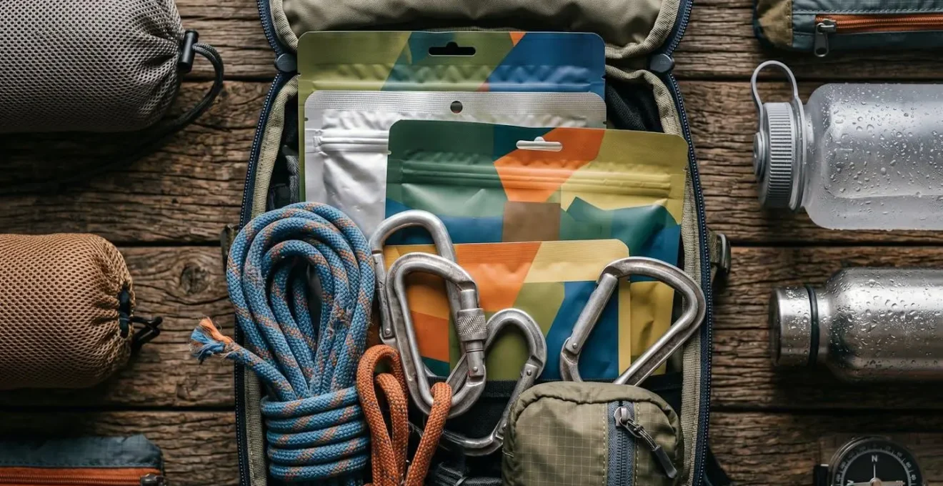 Vue aérienne d'un sac à dos ouvert avec équipement de randonnée organisé méthodiquement