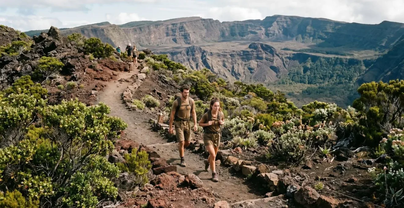 Vue aérienne d'un sentier de montagne à La Réunion montrant l'impact du tourisme