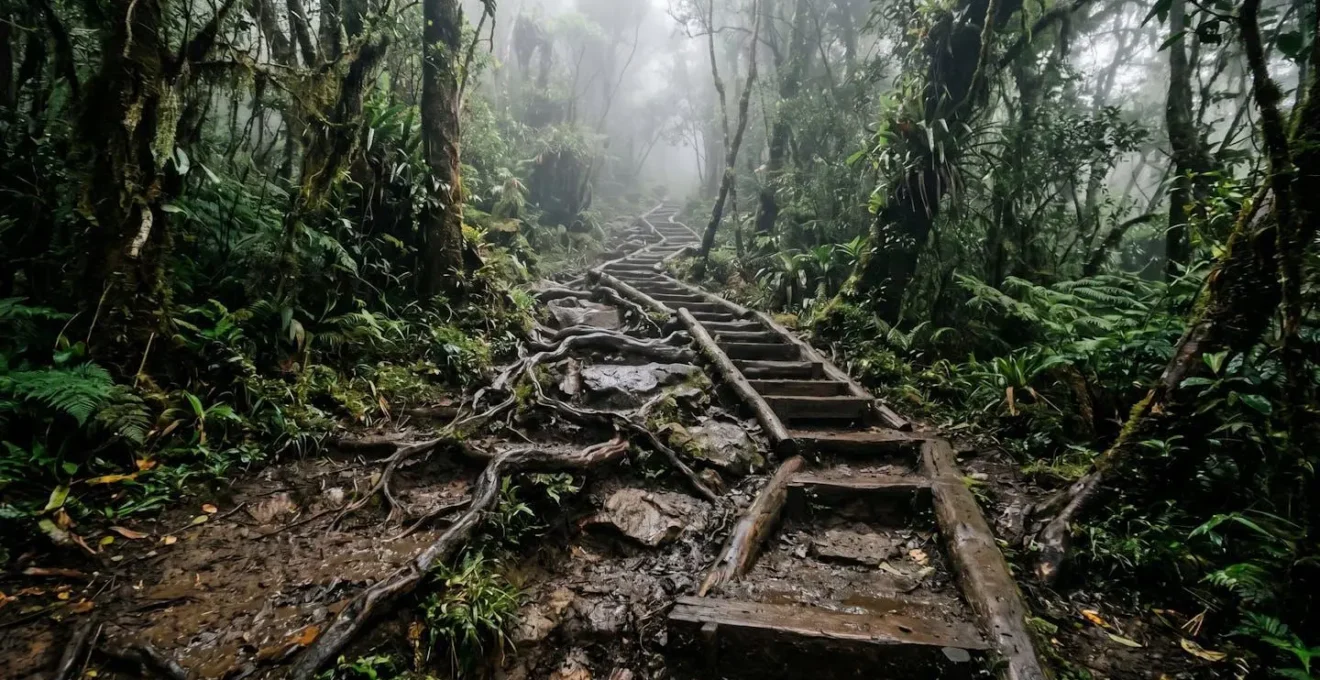 Sentier de montagne humide avec marches naturelles dans la forêt de Bélouve montrant la technique de descente