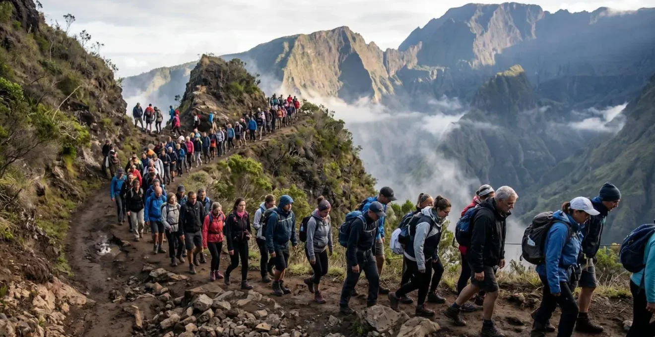 File de randonneurs sur un sentier étroit du cirque de Mafate illustrant la surfréquentation touristique