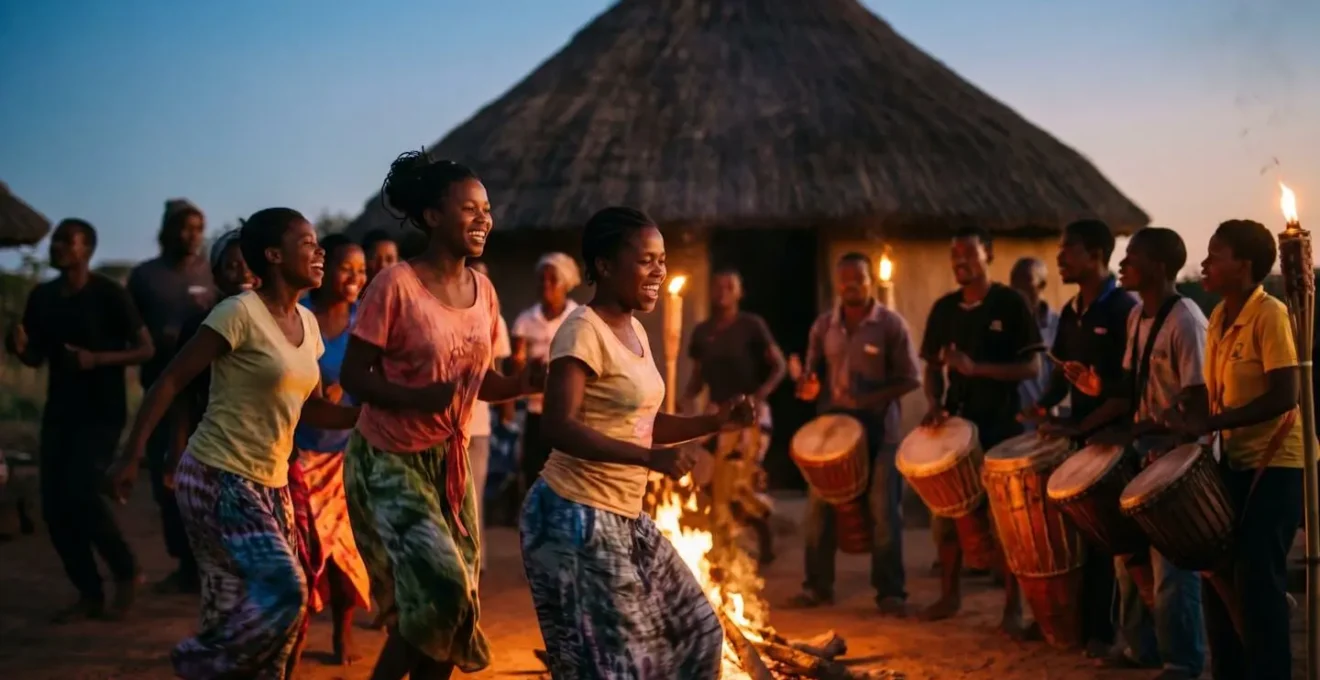 Soirée Séga dans une rondavelle avec danseurs et musiciens en action