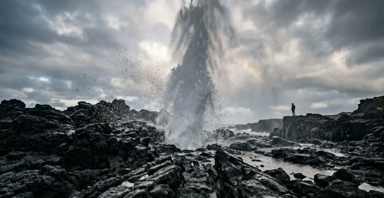 Colonne d'eau jaillissant d'un souffleur volcanique avec arc-en-ciel dans les embruns