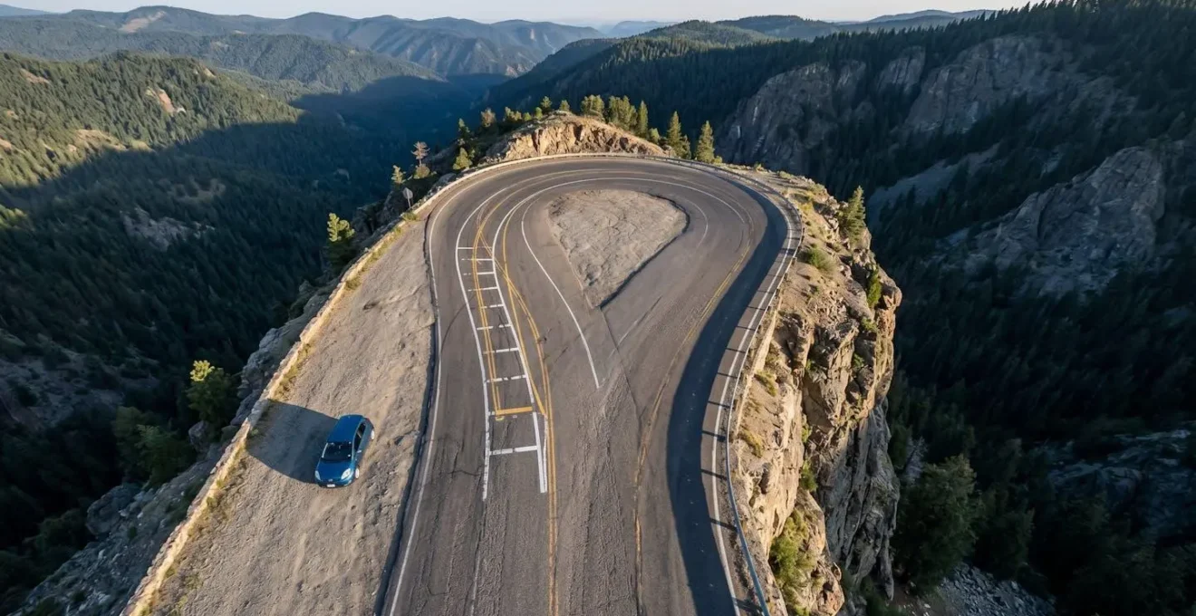 Vue aérienne d'un virage en épingle montrant la trajectoire d'un bus et les zones de stationnement sécurisées