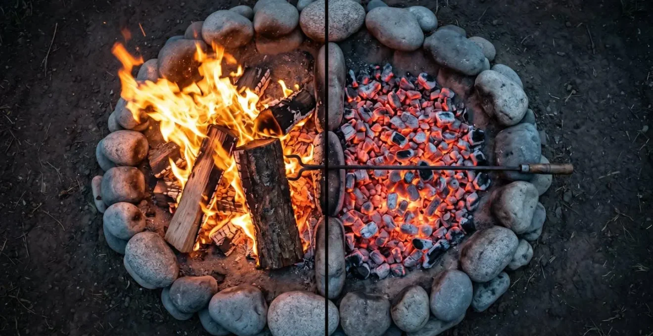 Vue aérienne d'un foyer avec zone de combustion et zone de braises séparées pour la cuisson