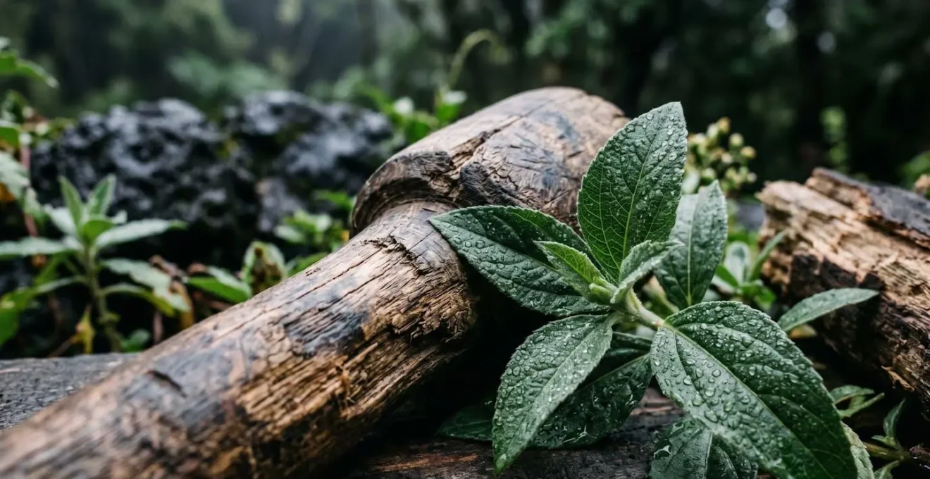 Détail macro de plantes médicinales endémiques et outils rudimentaires façonnés en bois de goyavier