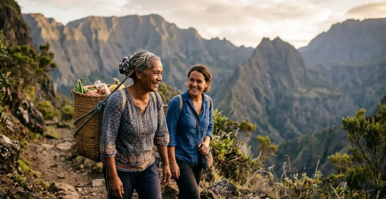 Portrait humain d'habitants de Mafate dans leur quotidien, montrant la perpétuation d'un mode de vie unique