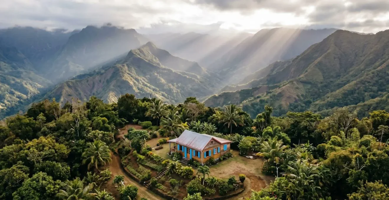 Vue panoramique d’une location de vacances dans les hauts de La Réunion avec montagnes verdoyantes