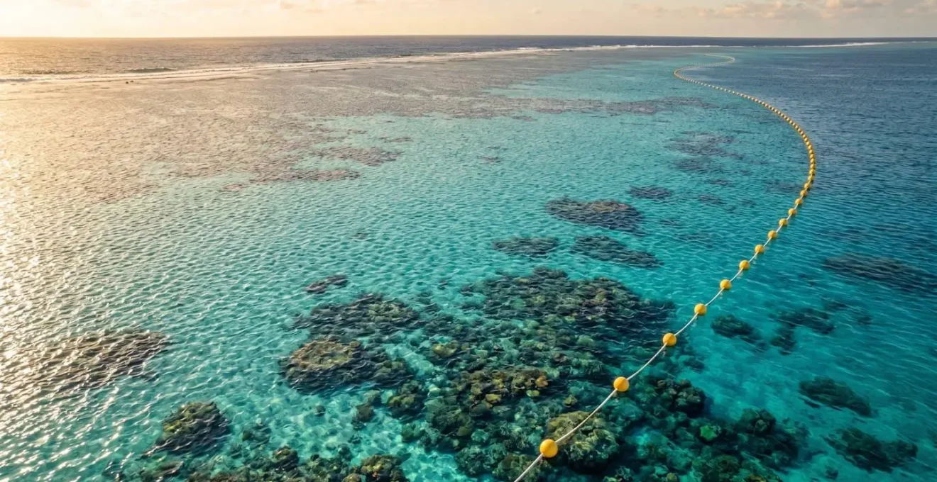 Vue aérienne d'une zone sanctuaire marine délimitée par des bouées, eaux cristallines sans baigneurs