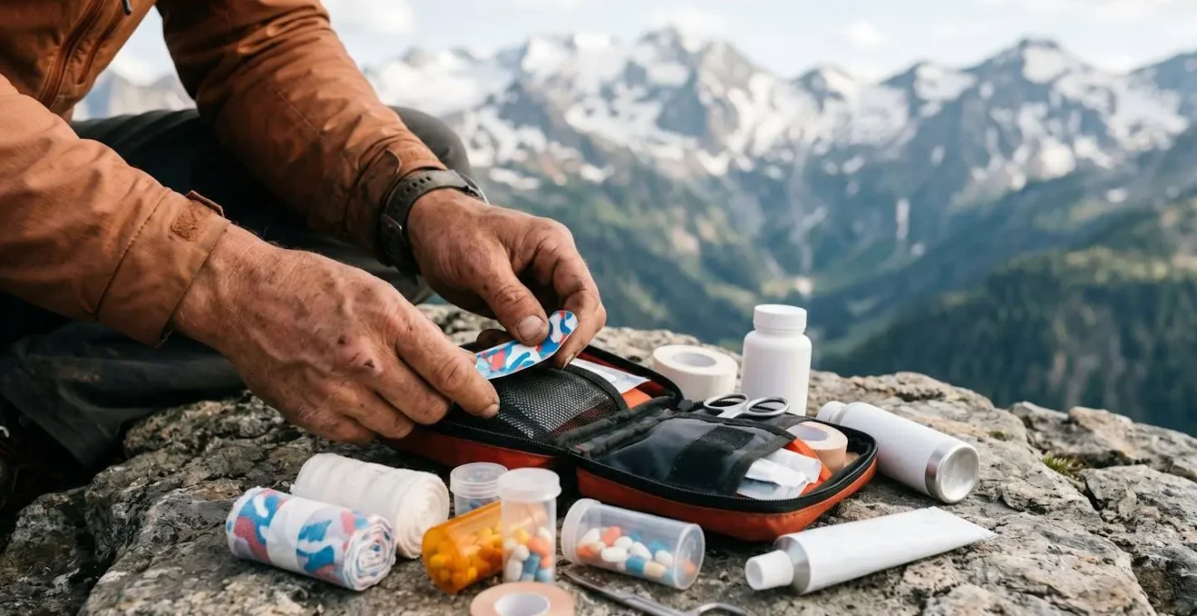 Trousse de premiers secours ouverte montrant l'organisation des produits essentiels pour la randonnée